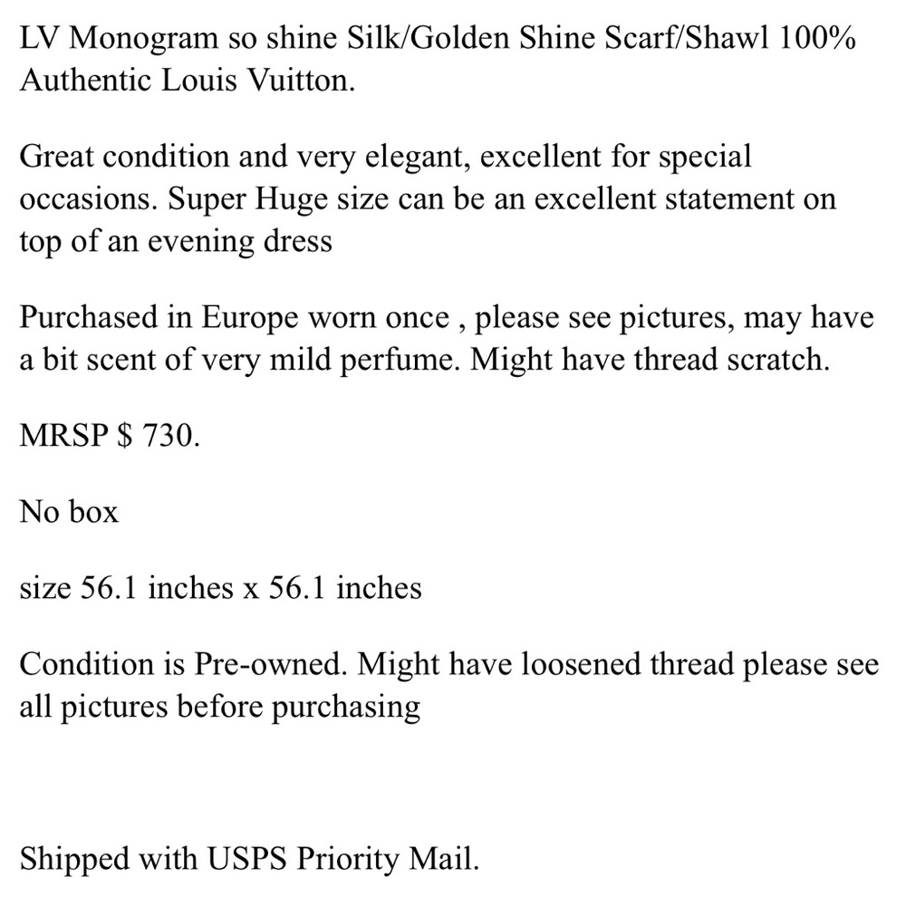 LV Monogram So Shine Silk/GoldenScarf/Shawl 100%Authentic Louis Vuitton MRSP$730 - Picture 14 of 14